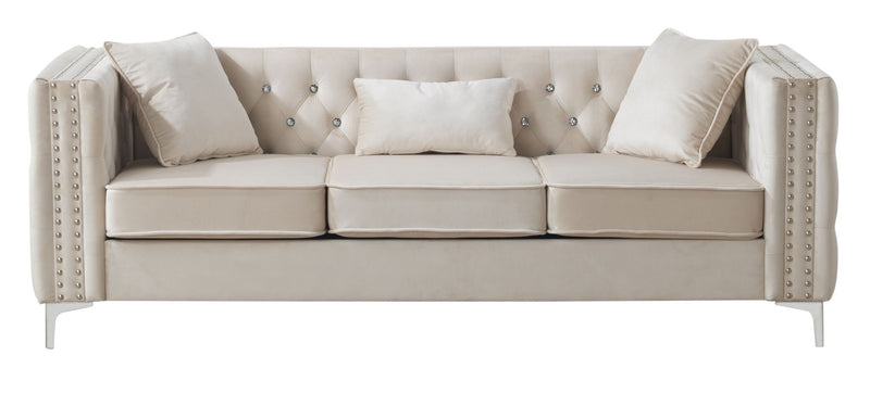 Glory Furniture Paige stationary sofa with plush cushions and elegant fabric upholstery in a modern living room setting.
