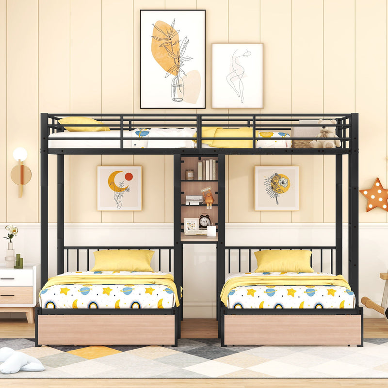 Triple Bunk Bed With Drawers, Multi-Functional Frame With Desks And Shelves In The Middle - R&R Furniture Gallery (Fountain Valley, CA)