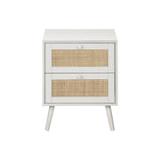 White 8th Street accent table with storage drawers, featuring a sleek design and functional surface for living room decor.