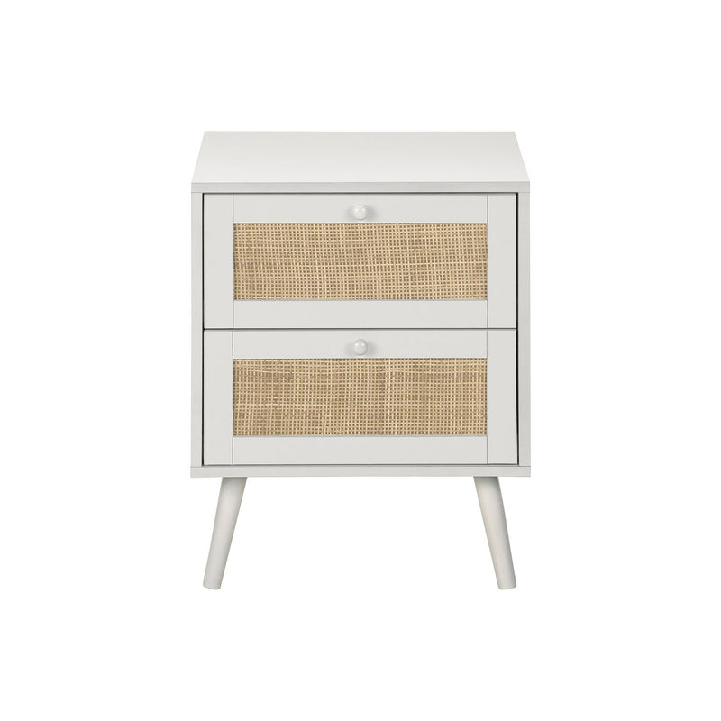 White 8th Street accent table with storage drawers, featuring a sleek design and functional surface for living room decor.