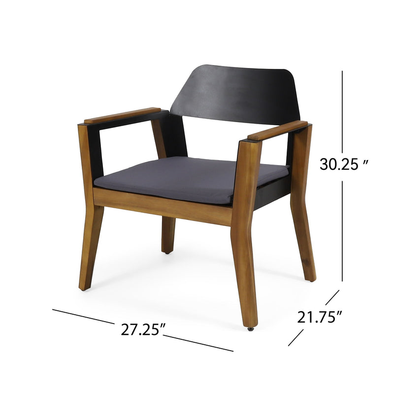 Set of two Noble House Soho outdoor club chairs with teak frames and cushions, perfect for transitional style outdoor seating.