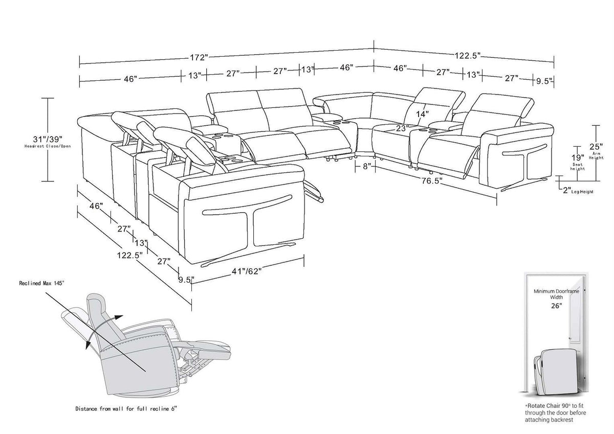 1126 - 10-Piece U-Shaped Sectional Sofa In With 4 Power Recliners & Power Headrests