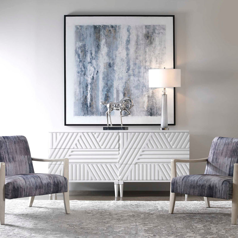 Gray watercolor-style chenille accent chair by Uttermost, with plush fabric and modern design, perfect for living room or bedroom decor.
