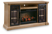 Signature Design by Ashley Wittenmyer TV stand with wood finish and open shelving for entertainment components and media storage.