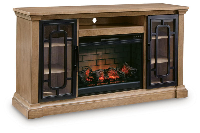 Signature Design by Ashley Wittenmyer TV stand with wood finish and open shelving for entertainment components and media storage.