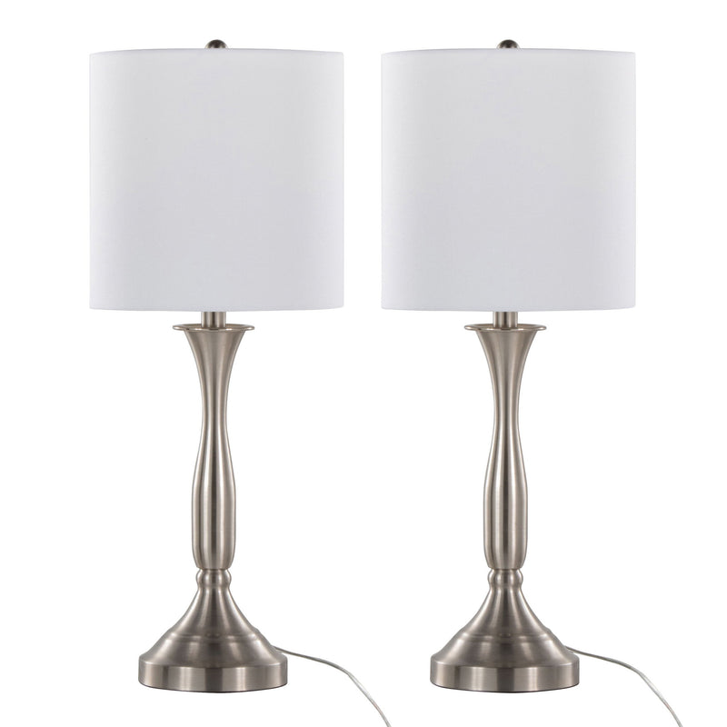 Lumi Source Sawyer contemporary table lamp set with nickel finish, white shades, and built-in USB ports for convenient charging.