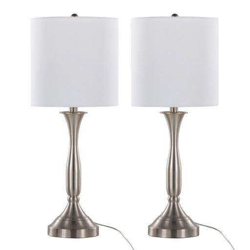 Lumi Source Sawyer contemporary table lamp set with nickel finish, white shades, and built-in USB ports for convenient charging.