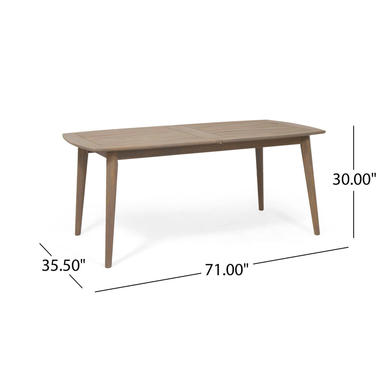 Noble House Placidity outdoor expandable dining table with slatted tabletop and tapered legs, suitable for patio or garden dining.