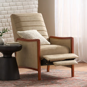 Mid-century modern fabric recliner with channel stitched upholstery and wooden frame, featuring a pushback recline mechanism by Noble House.