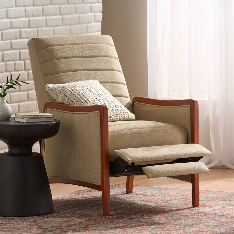 Mid-century modern fabric recliner with channel stitched upholstery and wooden frame, featuring a pushback recline mechanism by Noble House.