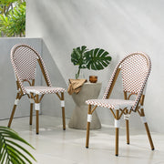 Noble House outdoor rattan and aluminum French bistro chairs set with woven rattan seats and metal frames, suited for patio dining.