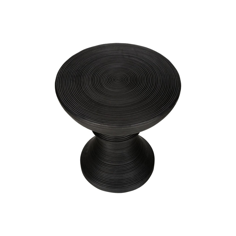 Black round accent table by 8th Street, suitable for indoor and outdoor use, with a sleek modern design.