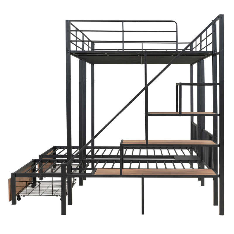 Full Over Twin-Twin Triple Bunk Bed With Drawers And Staircase - Black - R&R Furniture Gallery (Fountain Valley, CA)