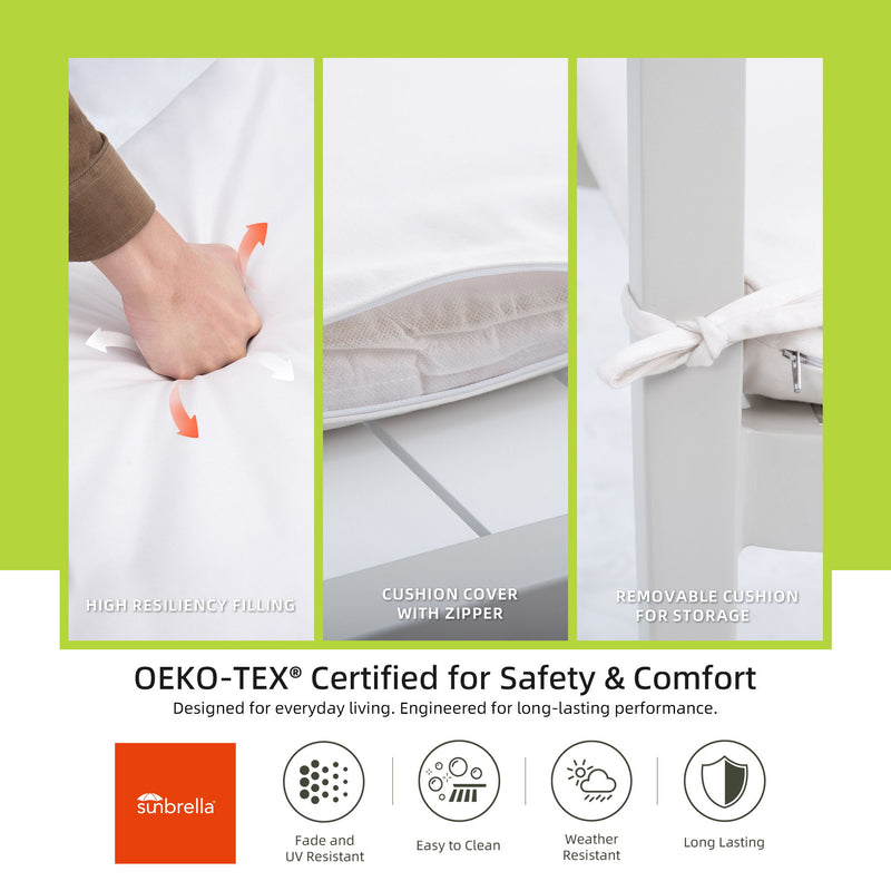 6 Piece Dining Set Outdoor Patio Furniture, 4 Dining Chairs & 1 Dining Bench Sunbrella Fabric And 2 Tone Rectangle Table With Umbrella Hole - Matte White / Grayish - R&R Furniture Gallery (Fountain Valley, CA)