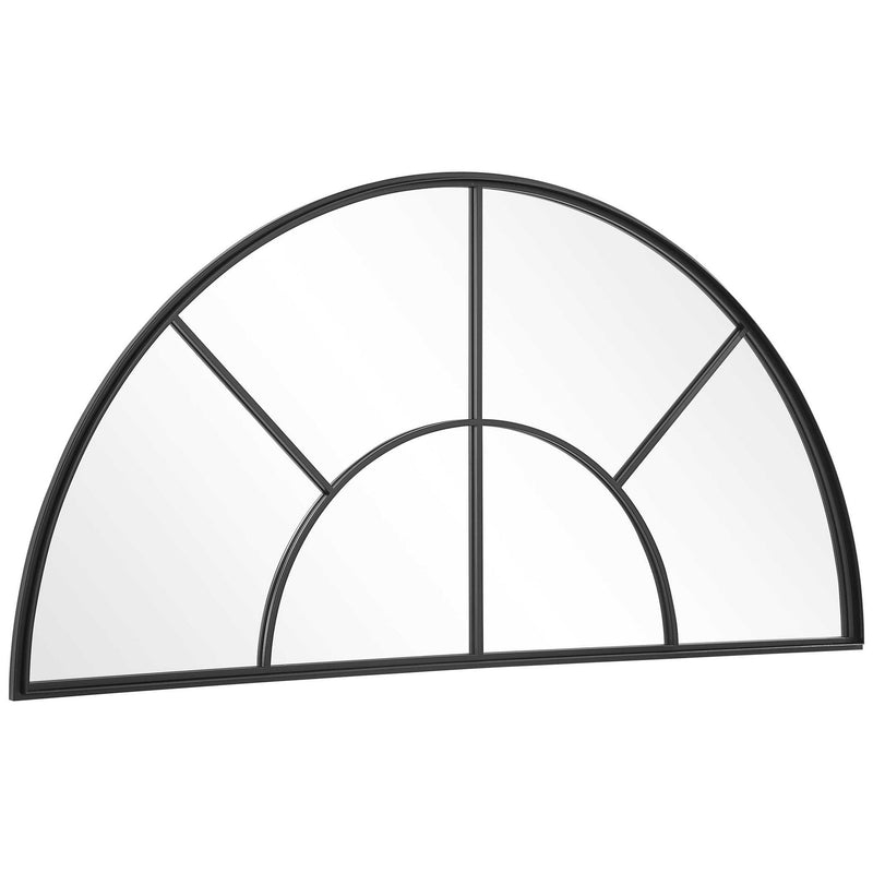 Uttermost Rousseau black iron window arch mirror with a vintage-inspired arched design and decorative frame.