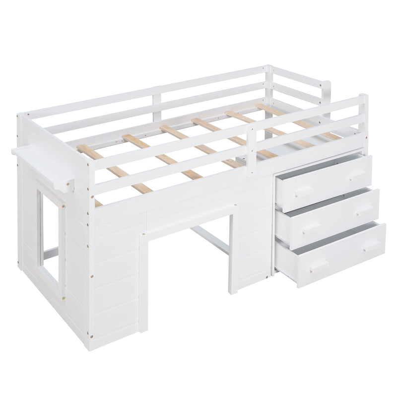 DreamHaus loft bed with integrated cabinet and shelf, featuring a sturdy wooden frame and space-saving design for bedrooms.