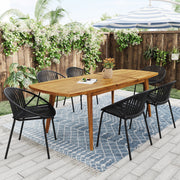 Pair of Noble House stackable outdoor chairs with breathable plastic backrests, ideal for patio or garden seating.