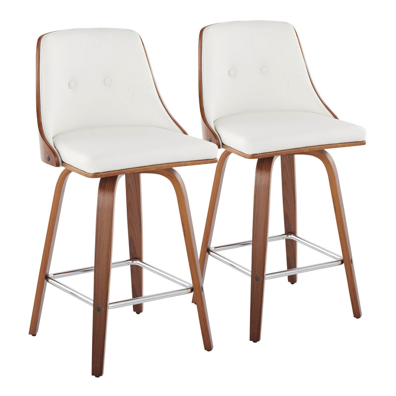 Lumi Source Gianna mid-century modern counter stool set with swivel, square footrest, and fixed height design, shown in a set of two.