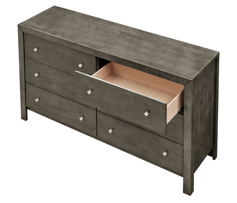 Gray Burlington dresser by Glory Furniture with sleek drawers and modern design, shown in a well-lit room.