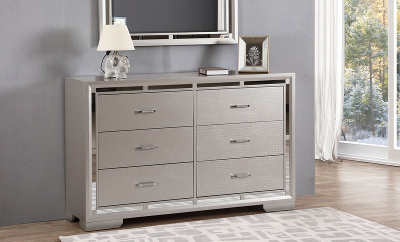 Silver Champagne Alana dresser by Glory Furniture featuring sleek drawer fronts and modern design in a stylish bedroom setting.