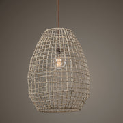 Beige Cross-Weave 1 Light Pendant by Uttermost, modern pendant lighting with a woven design hanging from a ceiling mount.