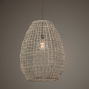 Beige Cross-Weave 1 Light Pendant by Uttermost, modern pendant lighting with a woven design hanging from a ceiling mount.