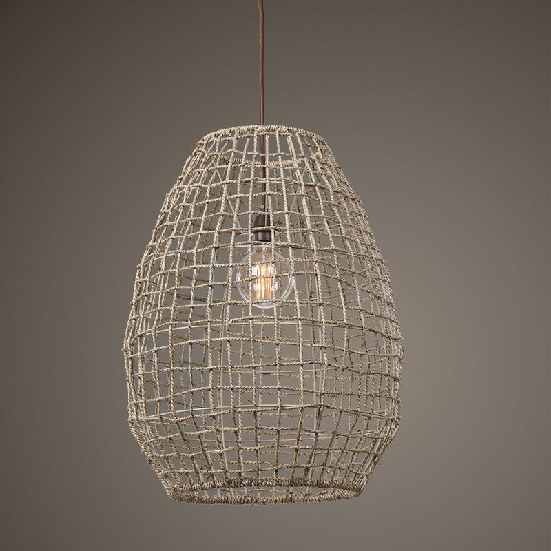 Beige Cross-Weave 1 Light Pendant by Uttermost, modern pendant lighting with a woven design hanging from a ceiling mount.