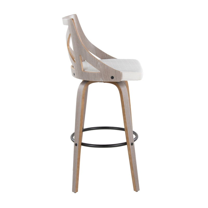 Set of two Lumi Source Charlotte farmhouse fixed height barstools with swivel seats, light gray/cream upholstery, and round footrests.