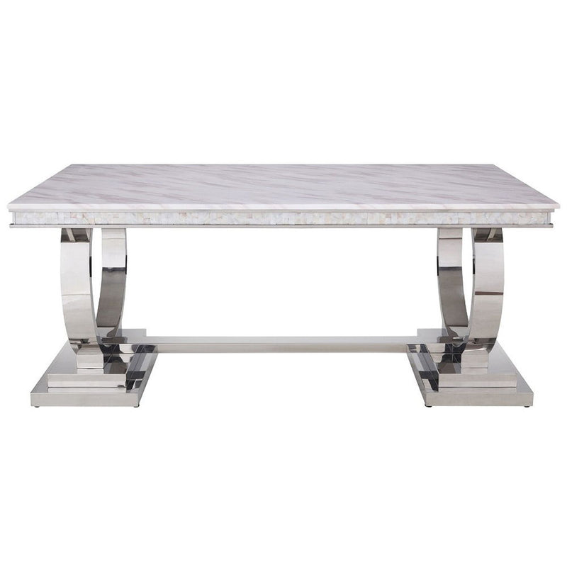 Zander - Dining Table - White Printed Faux Marble Top & Mirrored Silver - R&R Furniture Gallery (Fountain Valley, CA)