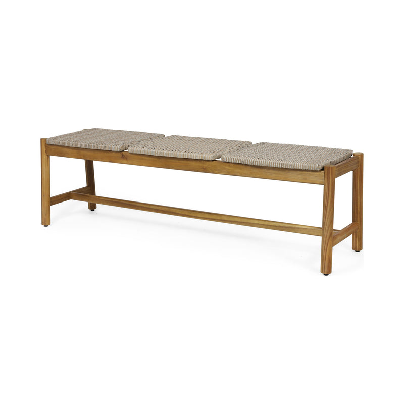 Noble House Cambria 3-seater teak bench with a smooth wooden surface and sturdy legs, ideal for outdoor or indoor seating.