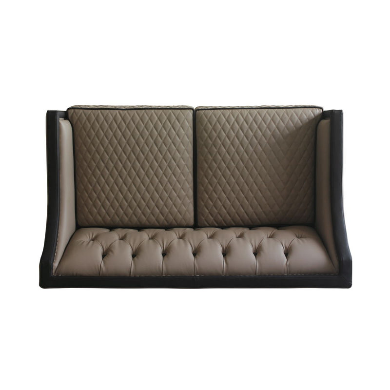 House Beatrice - Loveseat With 3 Pillows - Tan Synthetic Leather , Black Synthetic Leather & Charcoal - R&R Furniture Gallery (Fountain Valley, CA)