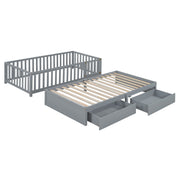 DreamHaus storage daybed with fence guardrails, two drawers, split into floor bed and daybed, in a cozy bedroom setting