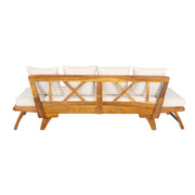 Noble House outdoor patio three-seat sofa with foldable arms and four back pillows, ideal for outdoor lounging and relaxing.