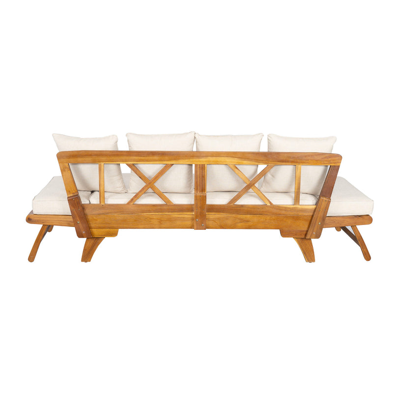Noble House outdoor patio three-seat sofa with foldable arms and four back pillows, ideal for outdoor lounging and relaxing.