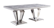 Satinka - Dining Table - Light Gray Printed Faux Marble Top & Mirrored Silver - R&R Furniture Gallery (Fountain Valley, CA)