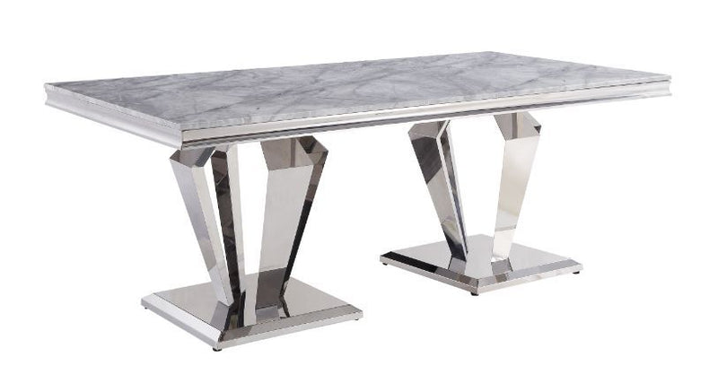 Satinka - Dining Table - Light Gray Printed Faux Marble Top & Mirrored Silver - R&R Furniture Gallery (Fountain Valley, CA)