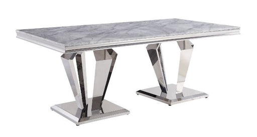 Satinka - Dining Table - Light Gray Printed Faux Marble Top & Mirrored Silver - R&R Furniture Gallery (Fountain Valley, CA)