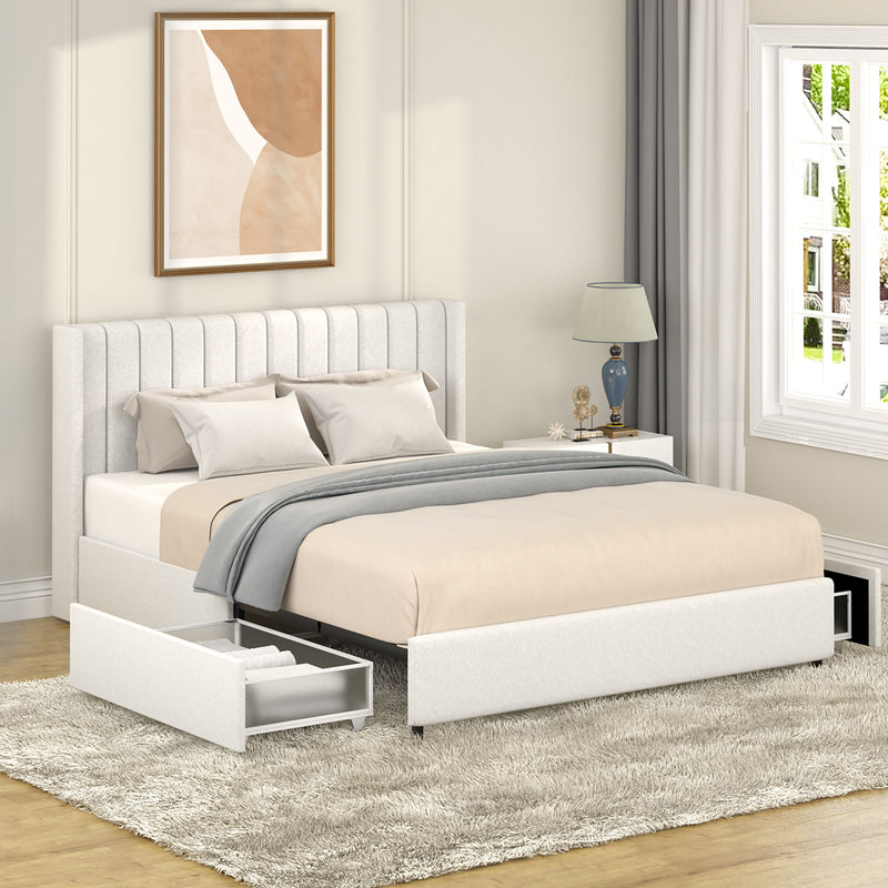 Anda - Boucle Upholstered Platform Bed With Patented Drawers Storage - Ivory - R&R Furniture Gallery (Fountain Valley, CA)