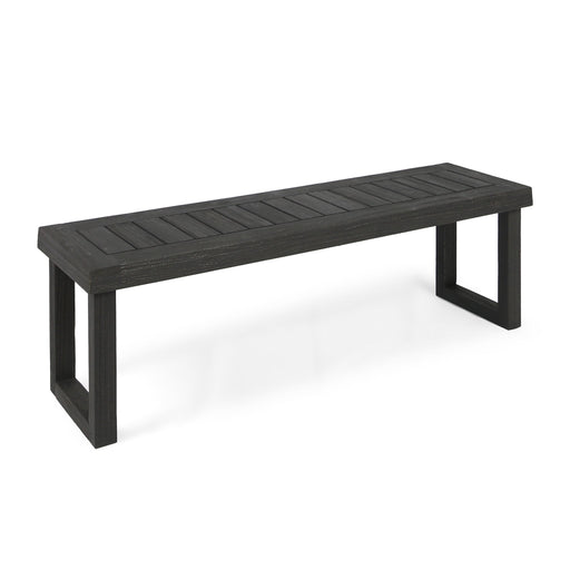 Noble House Realm outdoor bench with dark gray slat panel top and base, sturdy wooden design for outdoor seating.