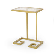 Modern glam gold C-shaped end table with tempered glass top, ideal as a chair side or accent table, by Noble House.