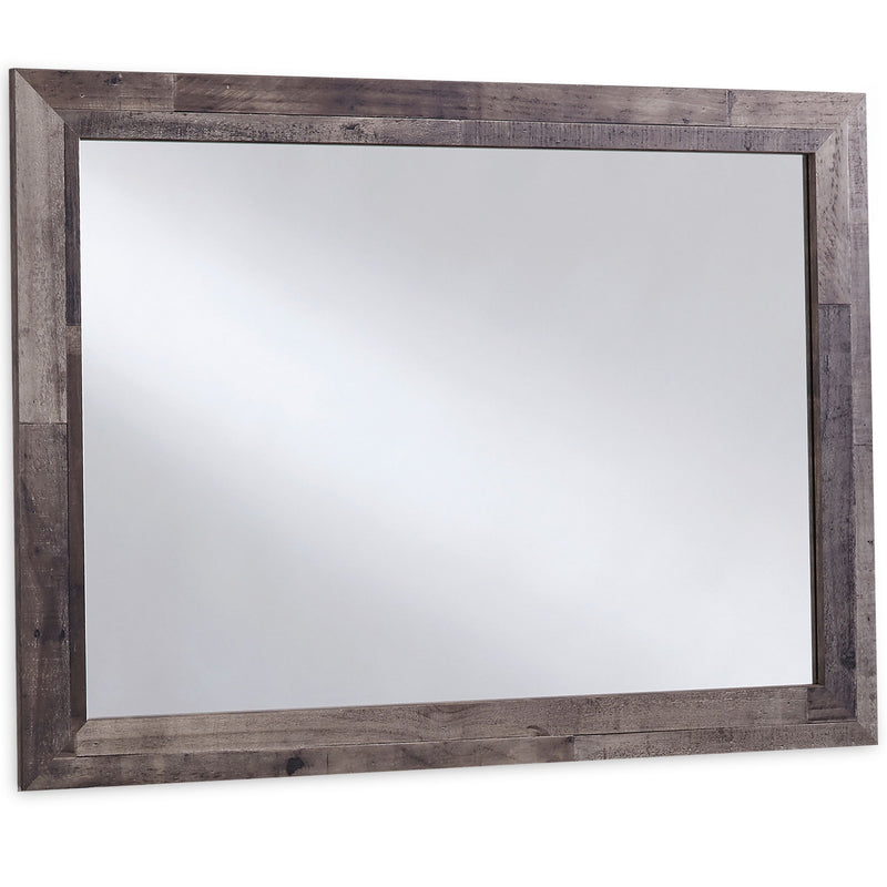 Rustic gray Benchcraft Derekson bedroom mirror with pine grain finish, wall mount or dresser attach, versatile wall or dresser mirror