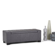 Large Simpli-Home Laredo storage ottoman with fabric upholstery and spacious interior for extra seating and storage.