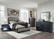 Signature Design by Ashley Rowanbeck 5-piece bedroom set featuring a bed, dresser, mirror, and nightstands in a modern style.