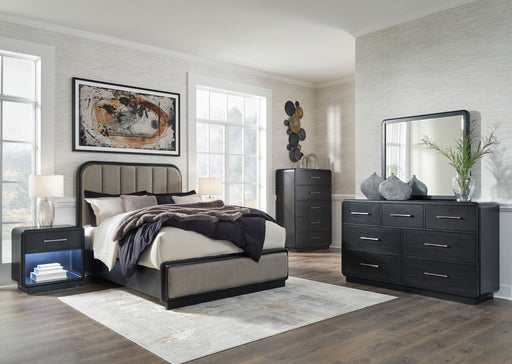 Signature Design by Ashley Rowanbeck 5-piece bedroom set featuring a bed, dresser, mirror, and nightstands in a modern style.