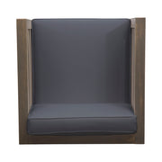 Noble House outdoor acacia wood patio arm chair with fabric cushion, showing a sturdy wooden frame and comfortable seating.