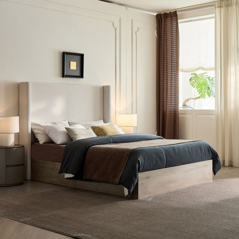 Shelton - Queen Upholstered Wingback Bed With 54" High Headboard - Ivory / Light Gray / Camel Oak - R&R Furniture Gallery (Fountain Valley, CA)