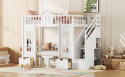 DreamHaus twin over twin bunk bed with convertible table, featuring upper bed and down desk for versatile space-saving sleeping and workspace.