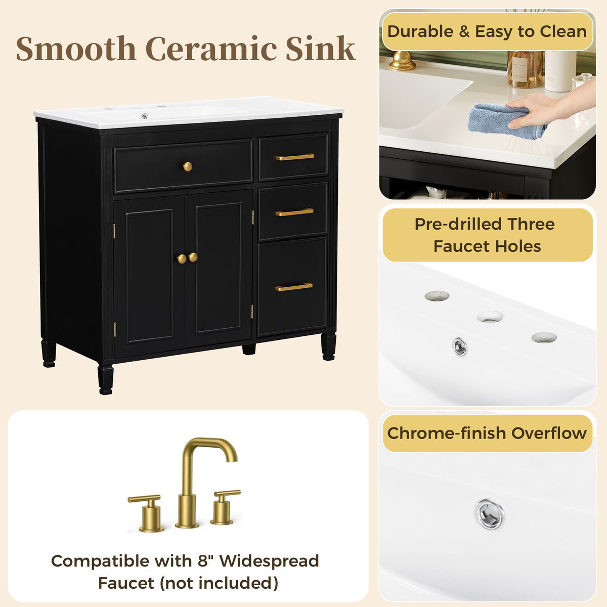 Bathroom Vanity With Sink Top, 3 Soft Closing Drawers