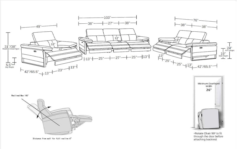 1246 - Modular Power Triple Reclining Sofa, Loveseat, And Chair Set With Power Headrests