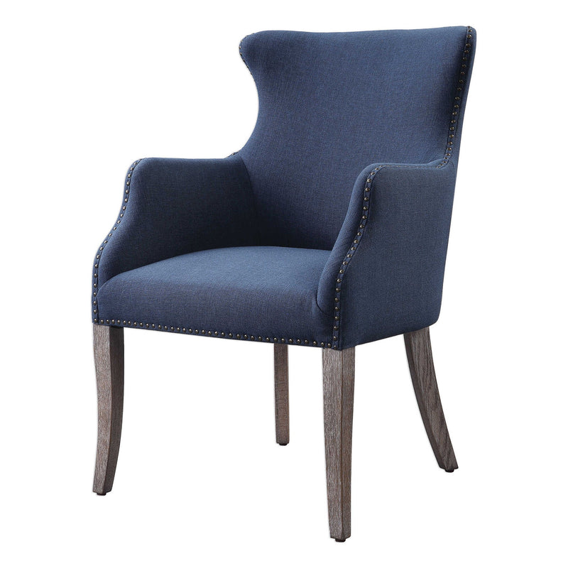 Blue Yareena wingback chair by Uttermost featuring plush upholstery and classic winged design in a stylish living room setting.